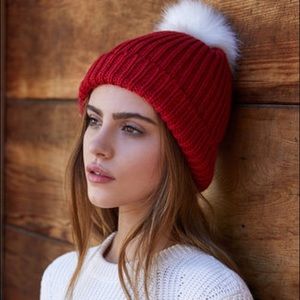 LA hearts red beanie with White Pom